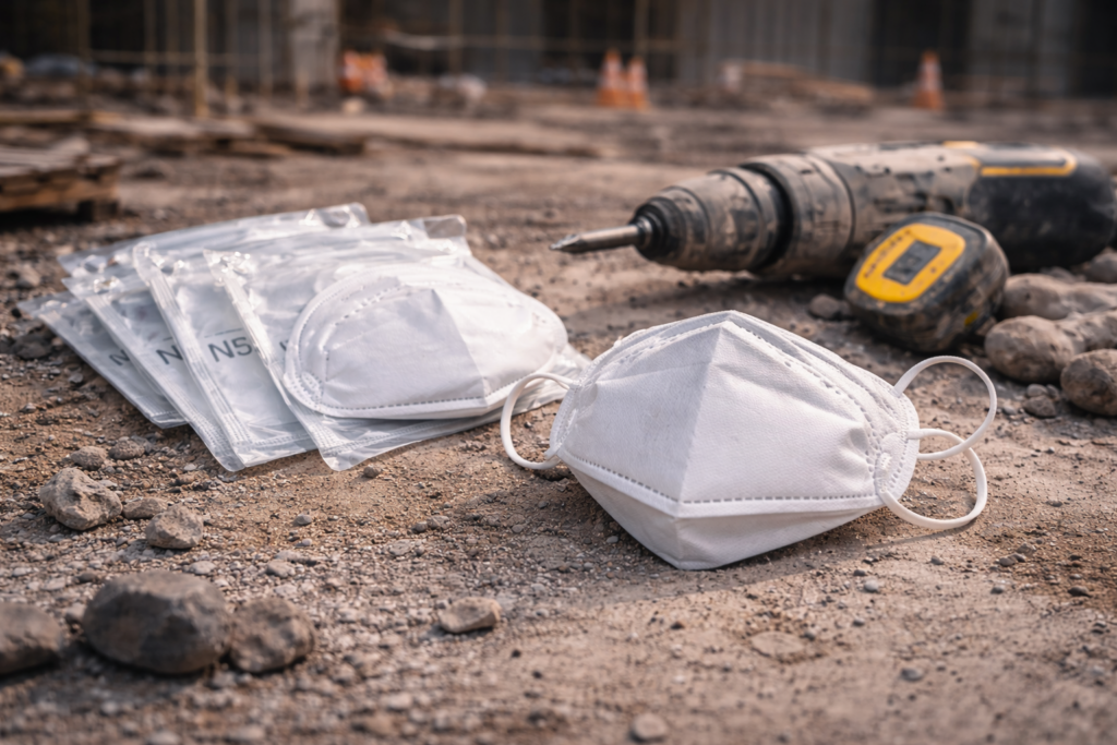 건설 현장 준비물 중 방진마스크와 현장 공구 모습
