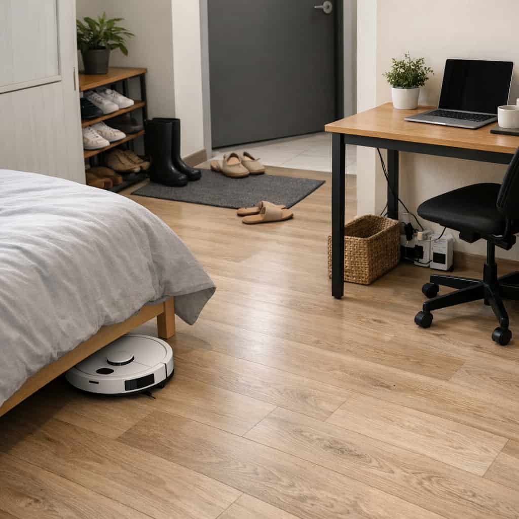 원룸 바닥청소를 완료한 로봇청소기사진