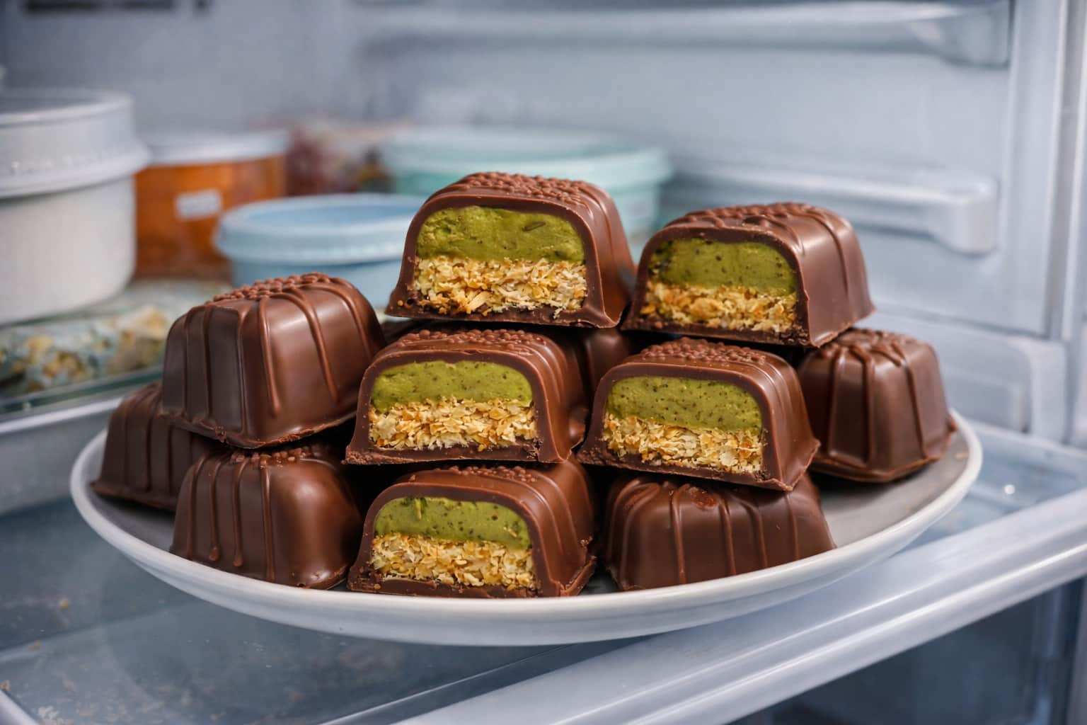 Dubai chocolate in the fridge with pistachio filling and crispy kataifi center